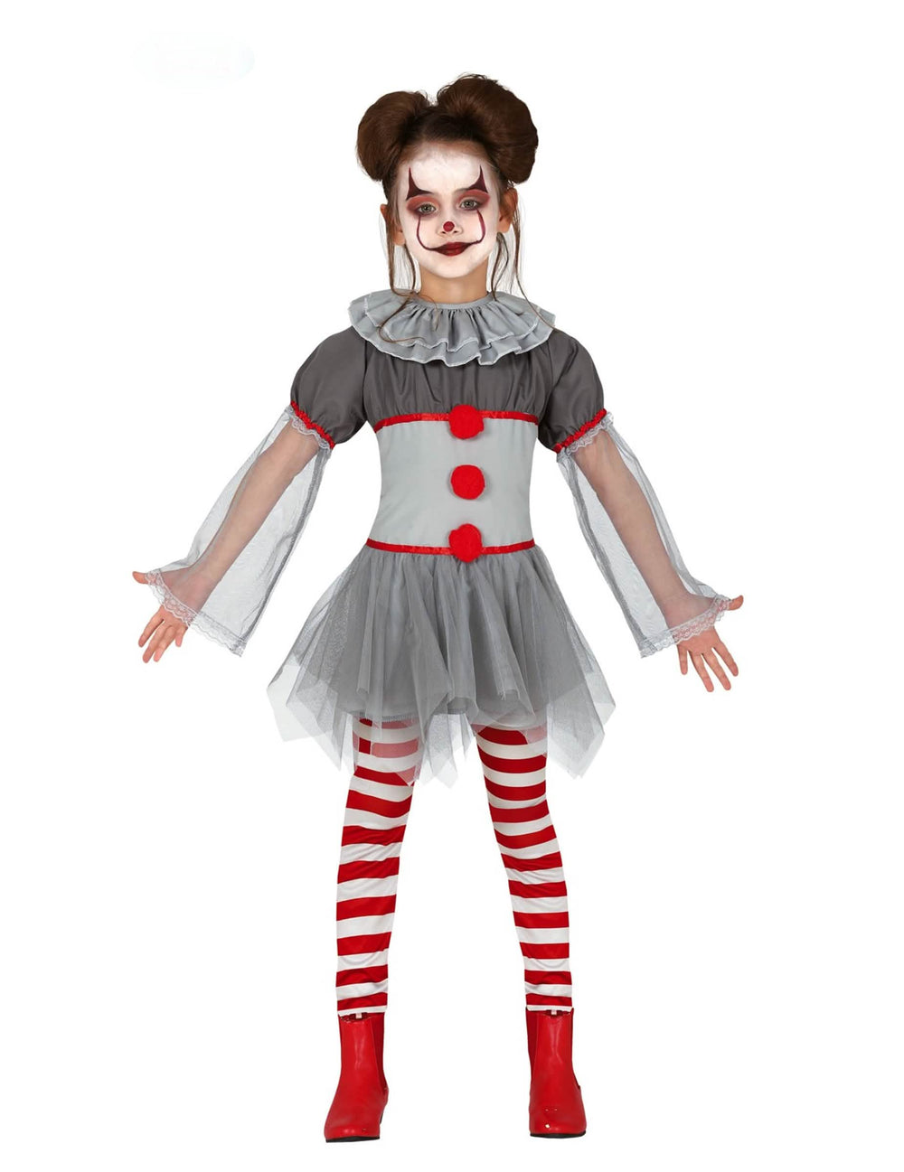 Disfraz de payaso psicópata para niña gris y rojo con legging rayado