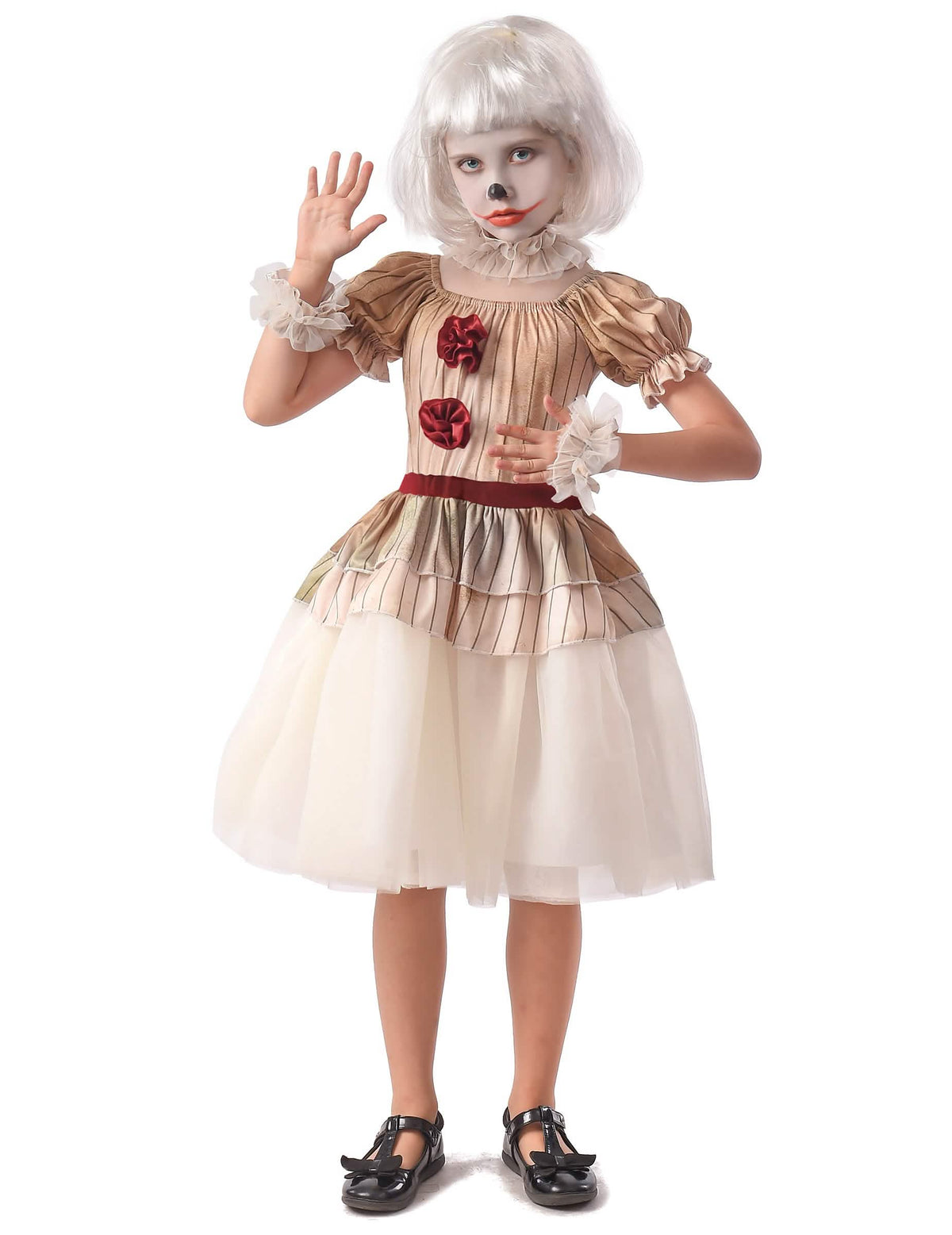 Disfraz de payaso aterrador para niña beige y blanco a rayas