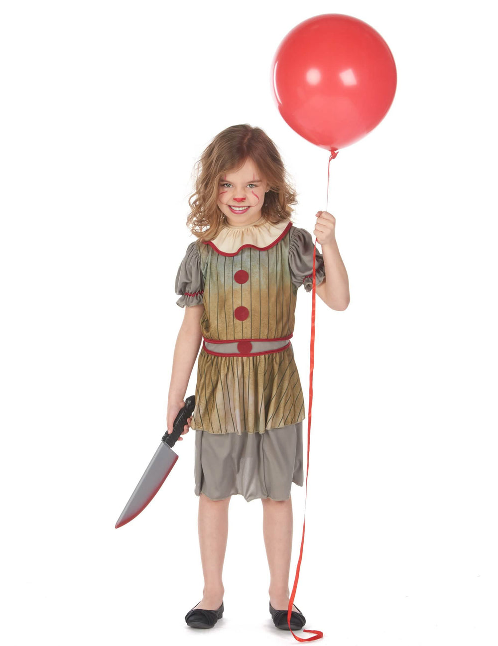 Disfraz de payaso aterrador para niña gris a rayas con pompones rojos