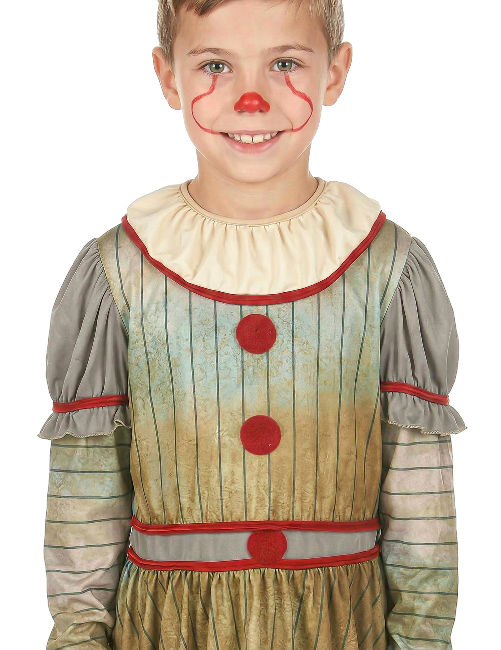 Gros plan sur le maquillage et le buste du déguisement de clown terrifiant