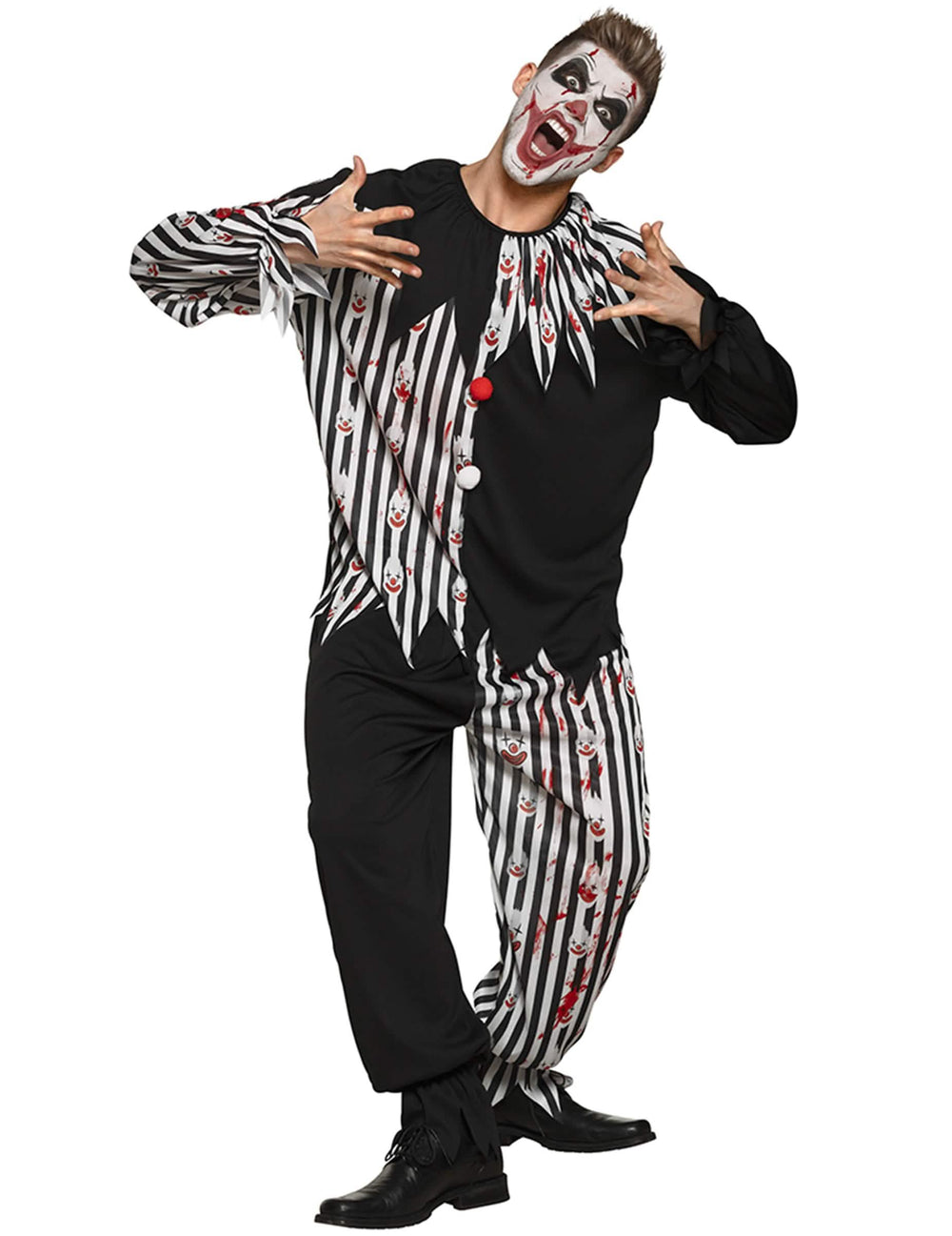 Disfraz de payaso triste ensangrentado para adulto blanco y negro a rayas con motivos sangrientos