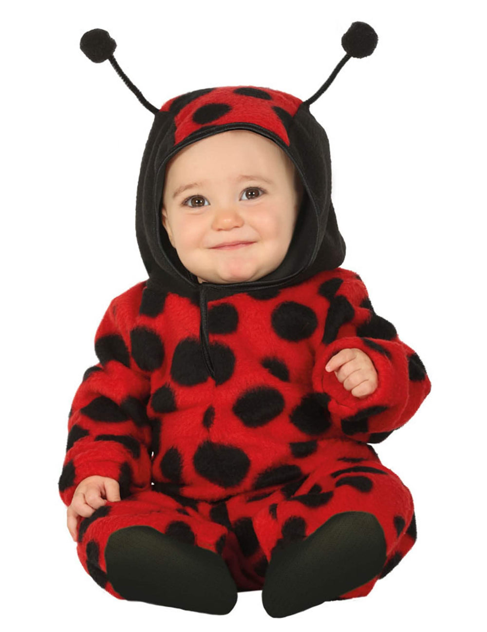 Déguisement combinaison avec capuche de coccinelle pour bébé rouge à pois noirs avec antennes