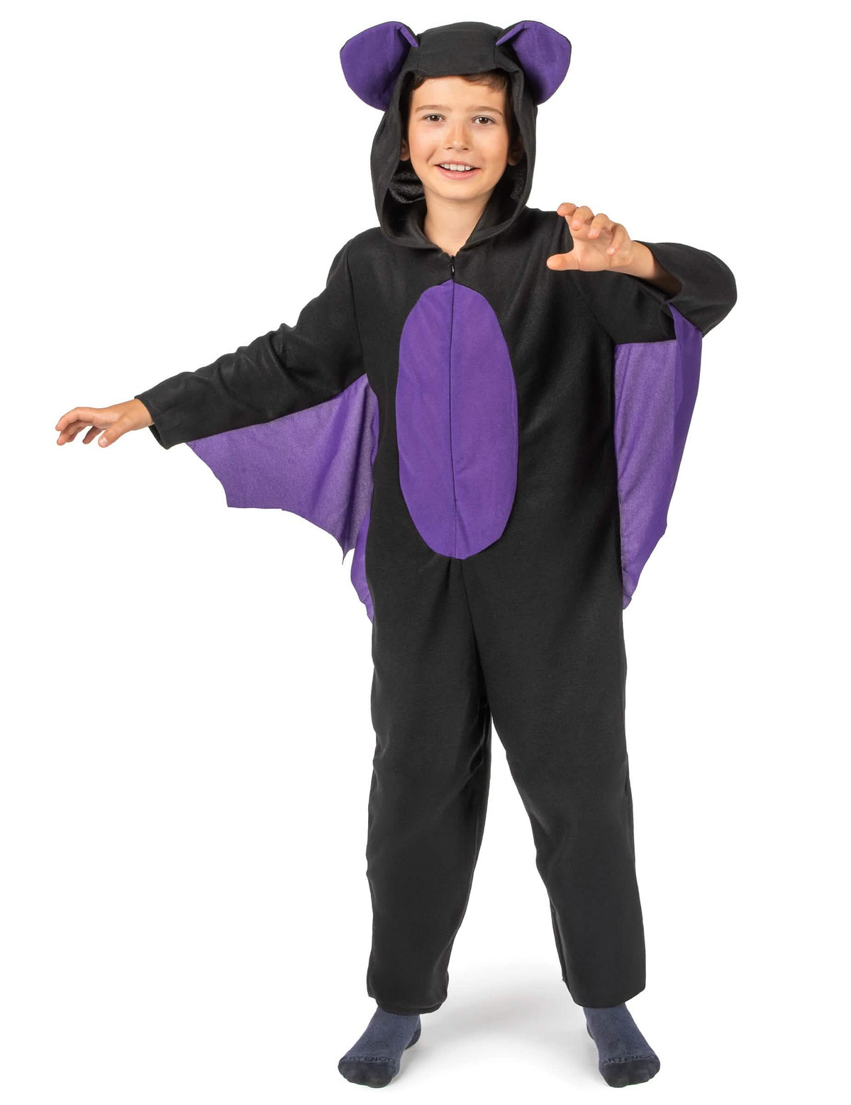 Disfraz mono de murciélago para niño negro y violeta con alas y capucha con orejas