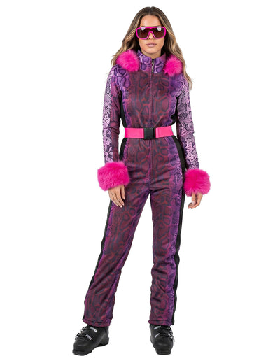 Disfraz de mono de esquí con estampado de serpiente violeta para mujer