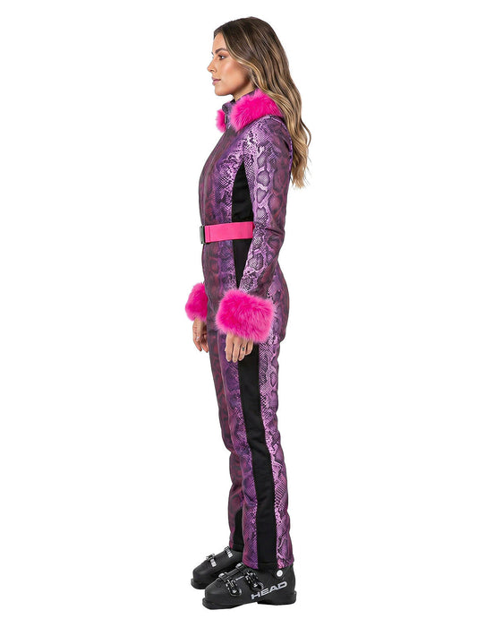 Disfraz de mono de esquí con estampado de serpiente violeta para mujer