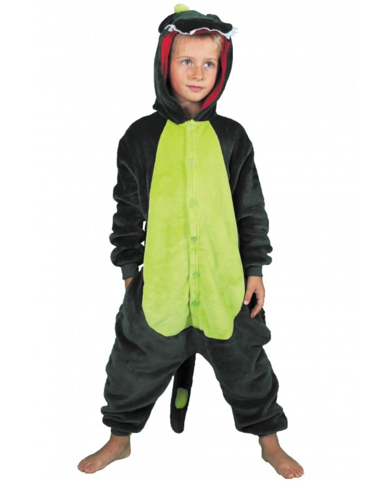 Disfraz de mono de dino para niño verde con capucha y cola