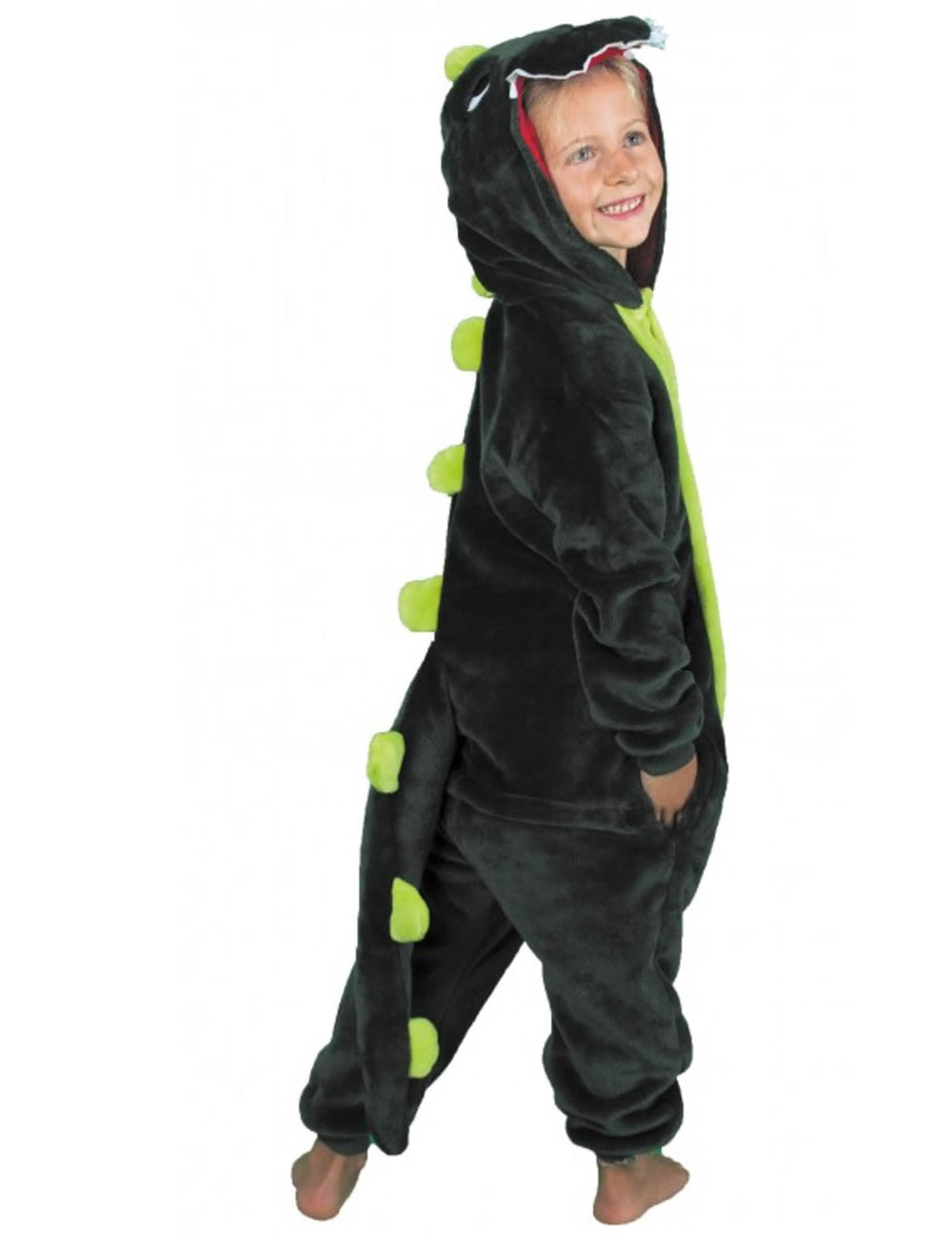 Vista de perfil y de espaldas del disfraz de mono dino para niño