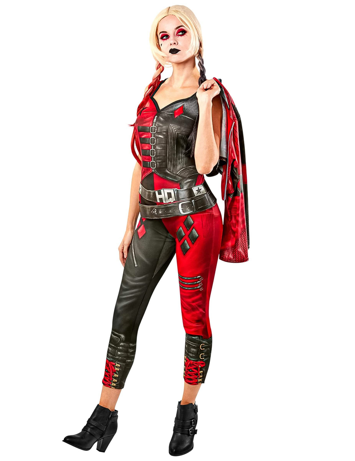 Vue de trois-quarts avec veste du déguisement combinaison Harley Quinn Suicide Squad 2