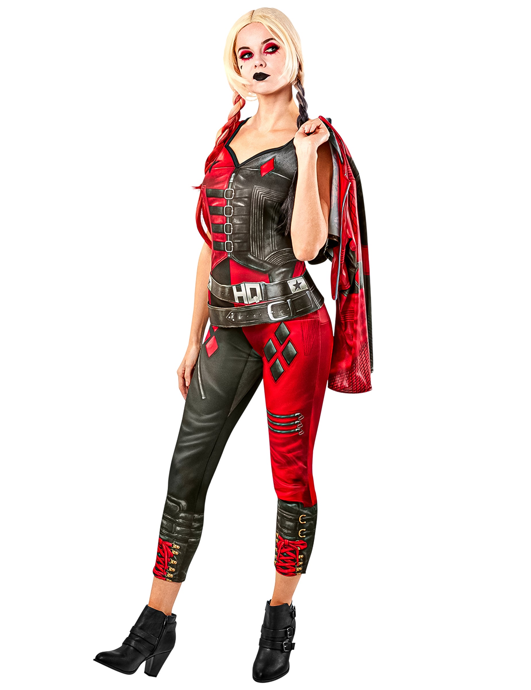 Vue de trois-quarts avec veste du déguisement combinaison Harley Quinn Suicide Squad 2