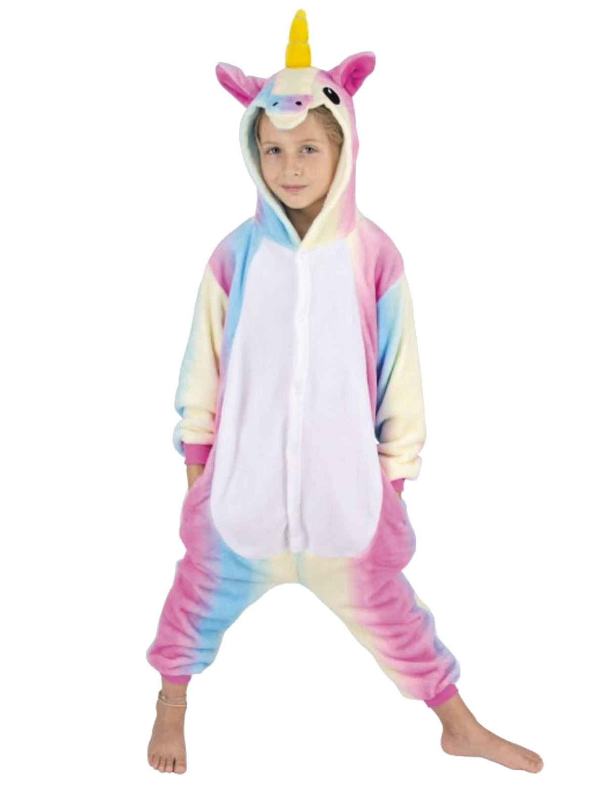 Disfraz mono unicornio arcoíris para niño multicolor pastel con cuerno amarillo