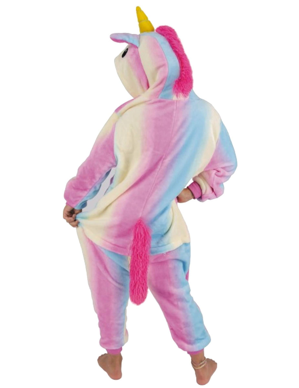 Vista trasera del disfraz mono unicornio arcoíris