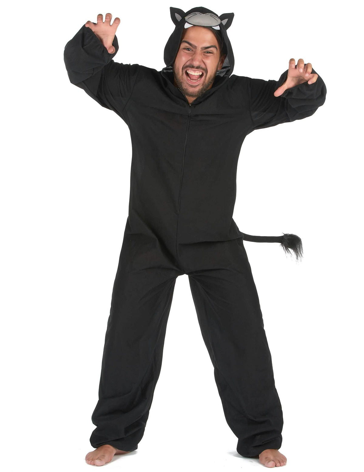 Disfraz mono de pantera para hombre negro con capucha, orejas y cola