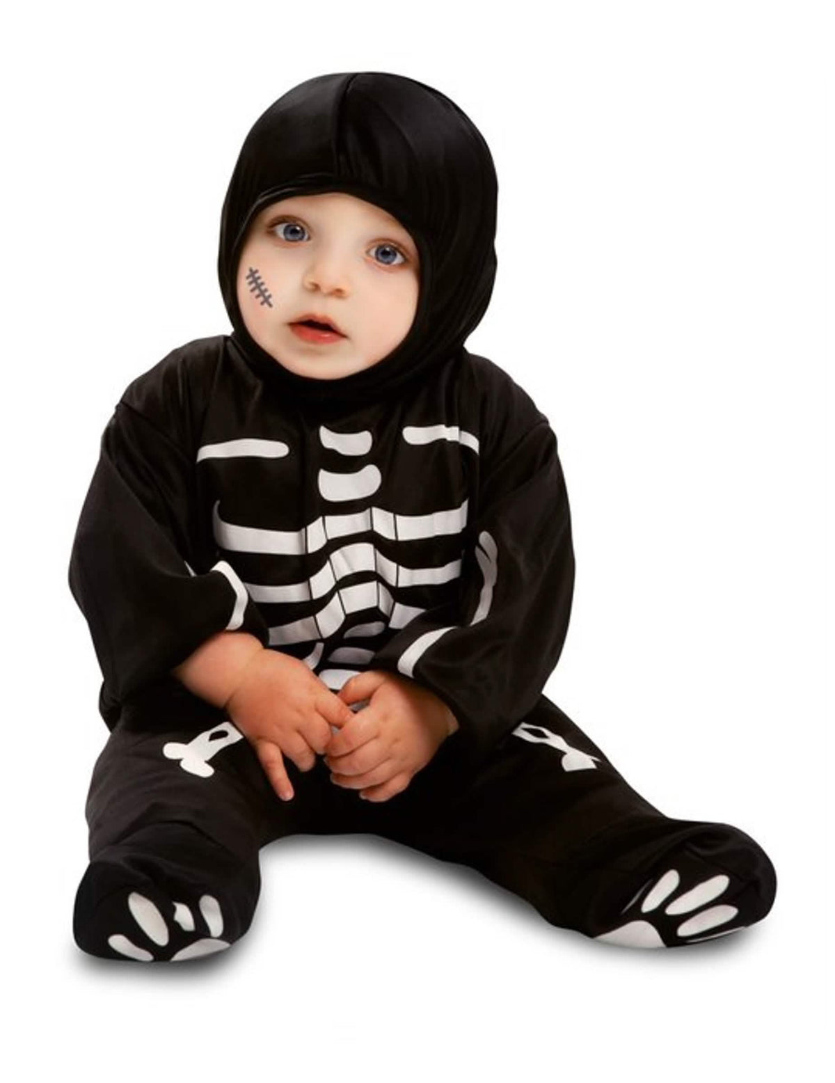Disfraz de mono esqueleto pequeño para bebé blanco y negro