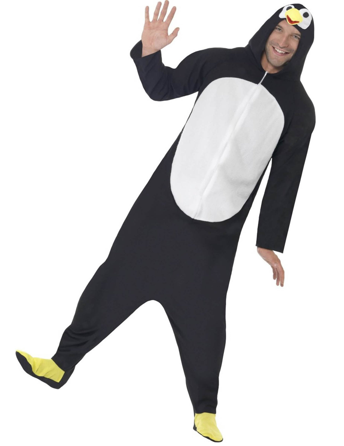 Disfraz mono pingüino para adulto blanco y negro con capucha