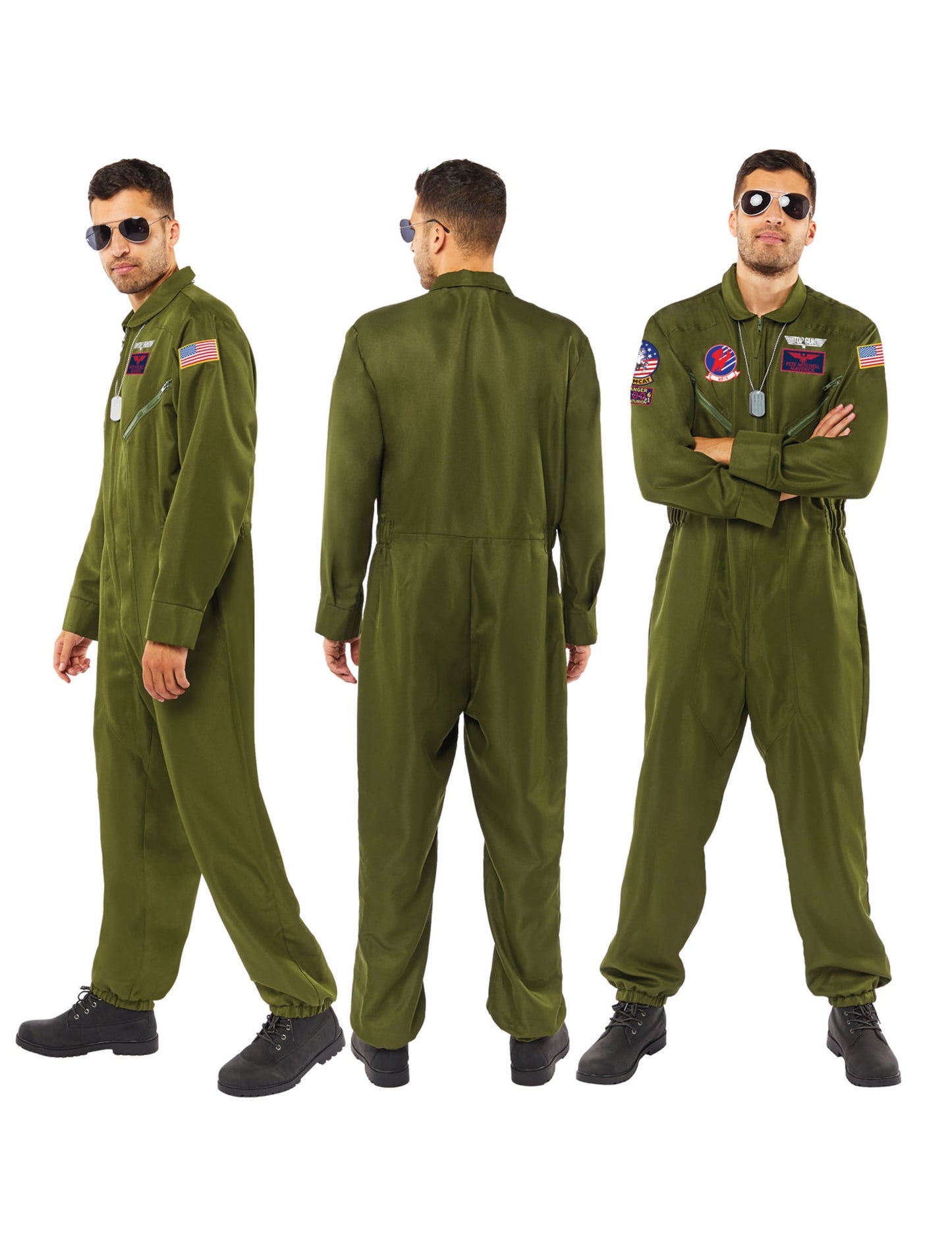 Vues de face, de dos et de profil du déguisement combinaison Top Gun pour homme