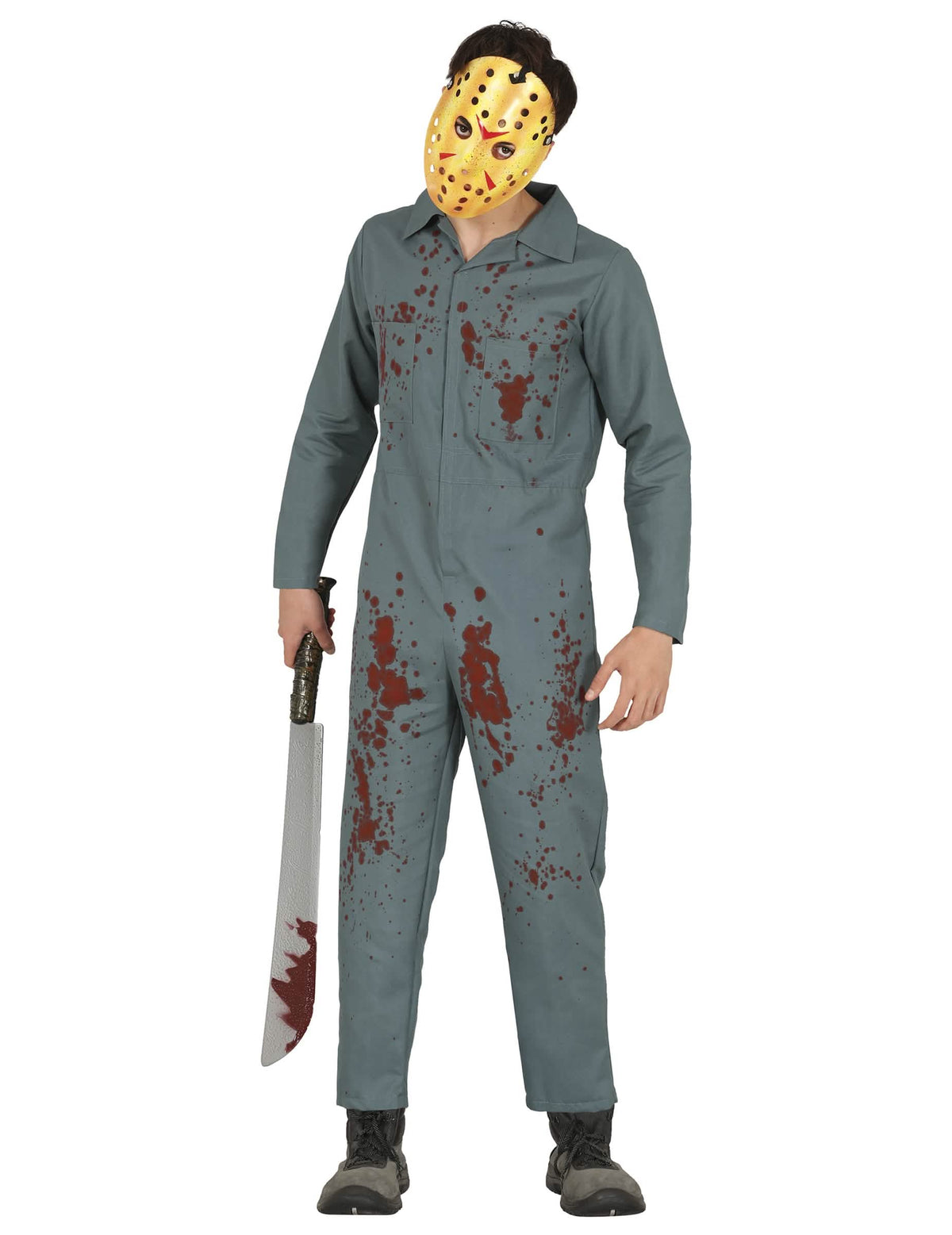 Déguisement combinaison tueur fou pour homme gris ensanglanté avec masque de hockey jaune