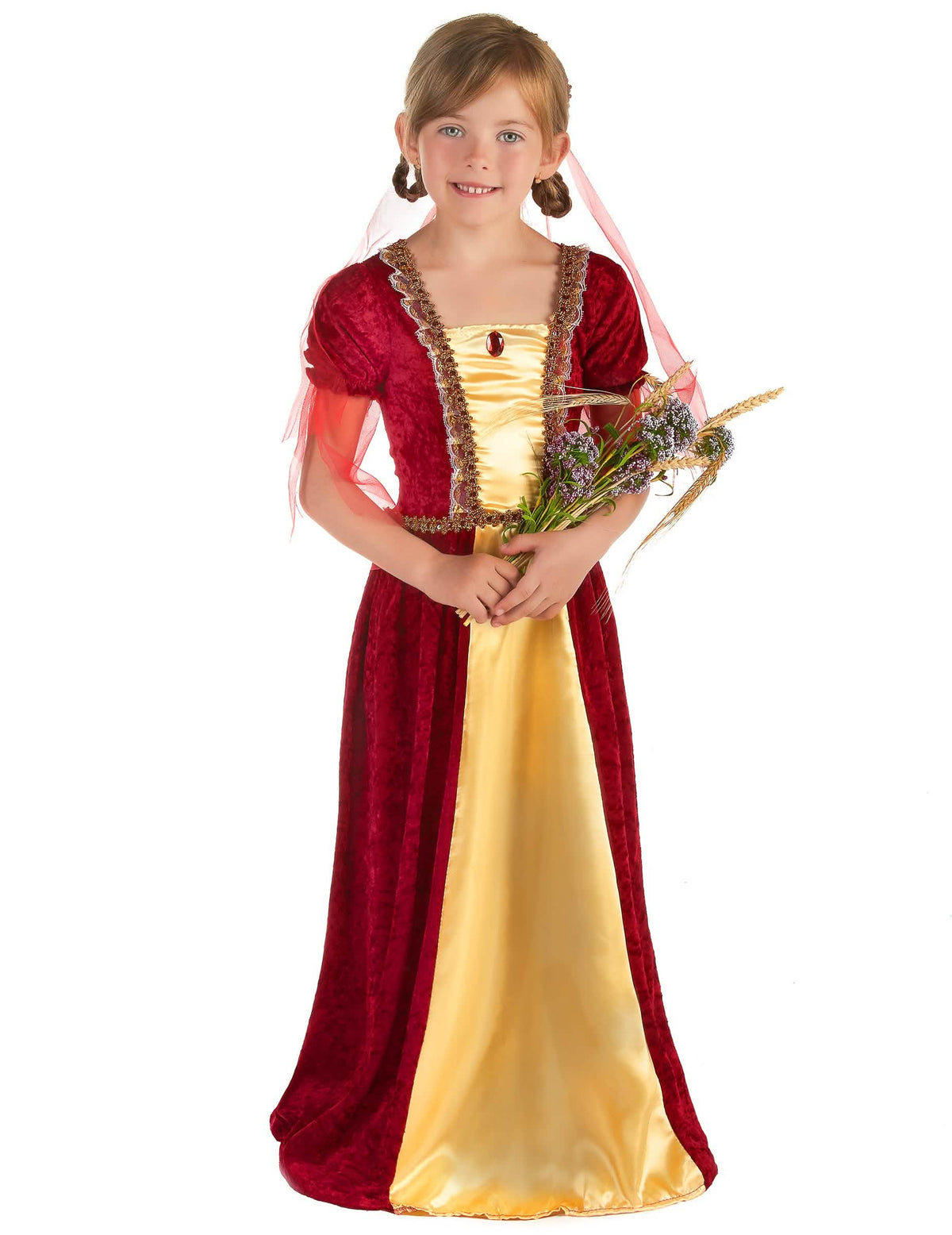 Disfraz de condesa medieval para niña rojo y dorado