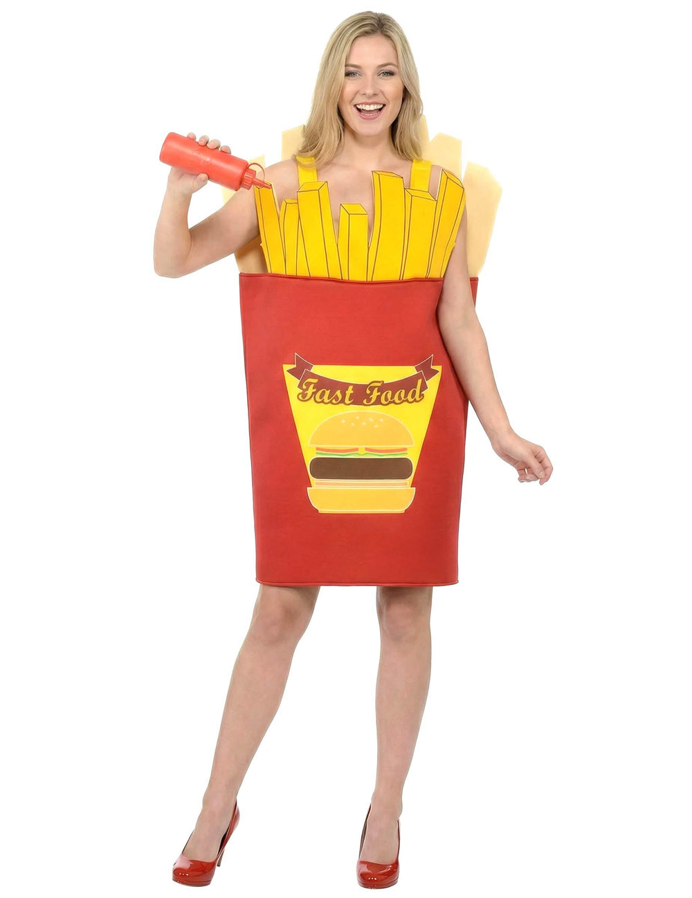 Mise en situation avec bouteille de ketchup du déguisement cornet de frites adulte