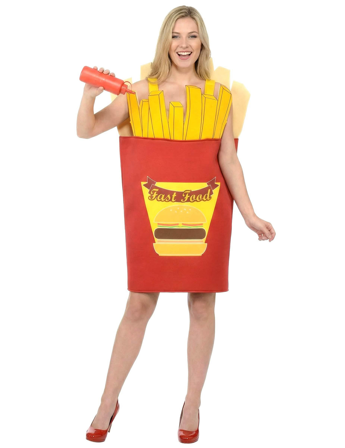 Mise en situation avec bouteille de ketchup du déguisement cornet de frites adulte