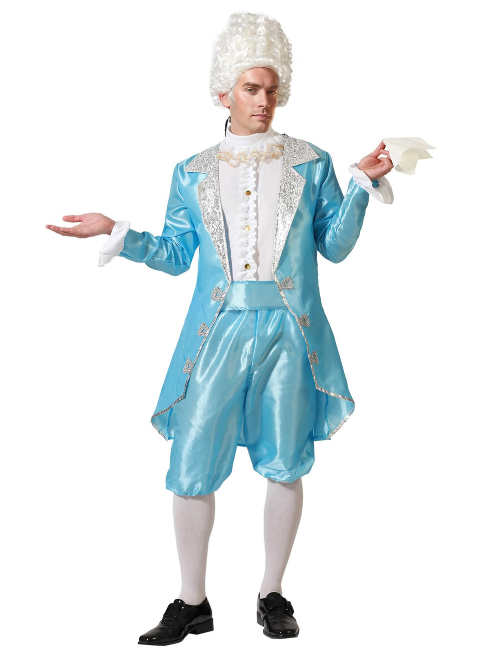 Déguisement de courtisan pour homme bleu ciel satiné et blanc avec bordures argentées