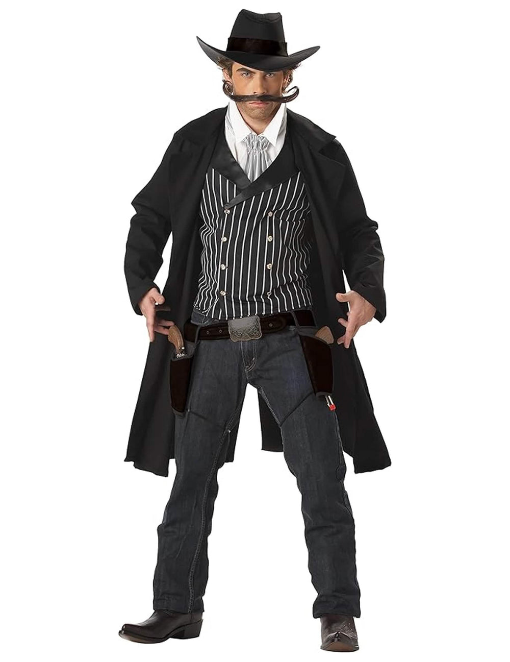 Disfraz de cow-boy Santa Maria para hombre negro con largo abrigo y sombrero