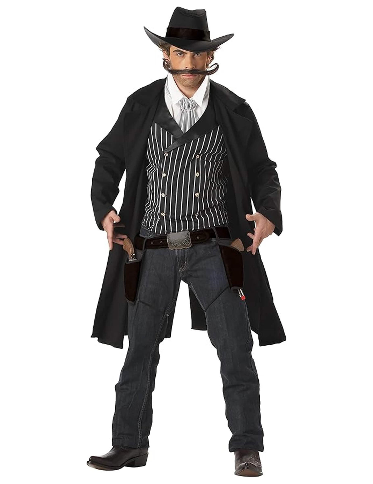 Disfraz de cow-boy Santa Maria para hombre negro con largo abrigo y sombrero