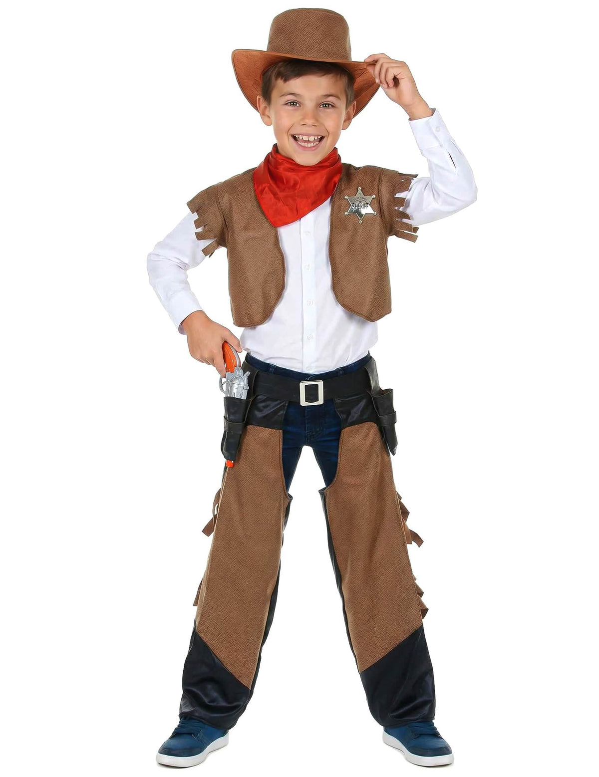 Disfraz de vaquero para niño marrón con sombrero y bandana rojo