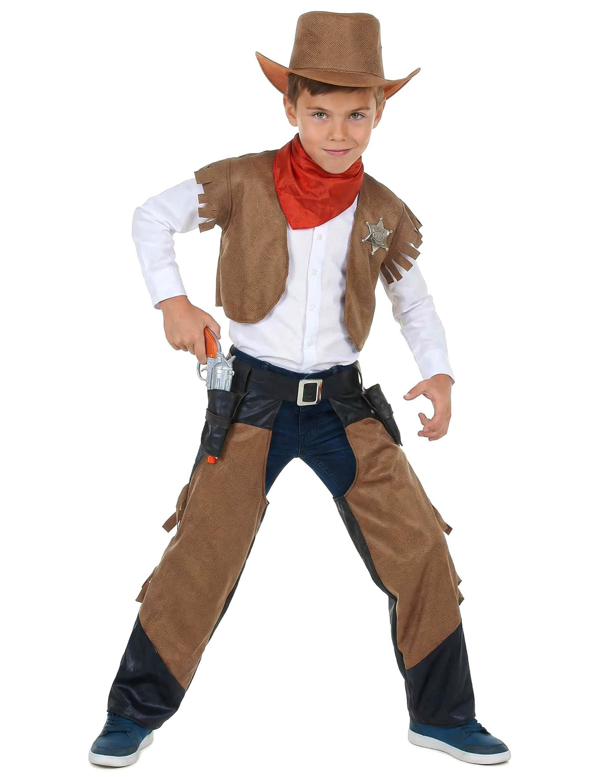 Vista frontal del disfraz de niño de vaquero marrón
