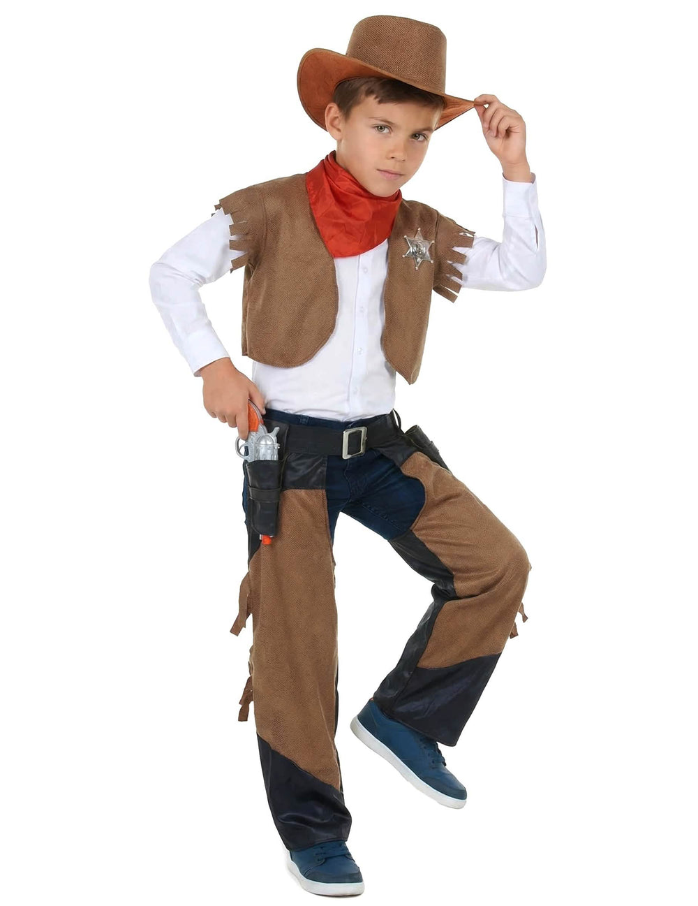 Vista general del disfraz de cowboy para niño marrón