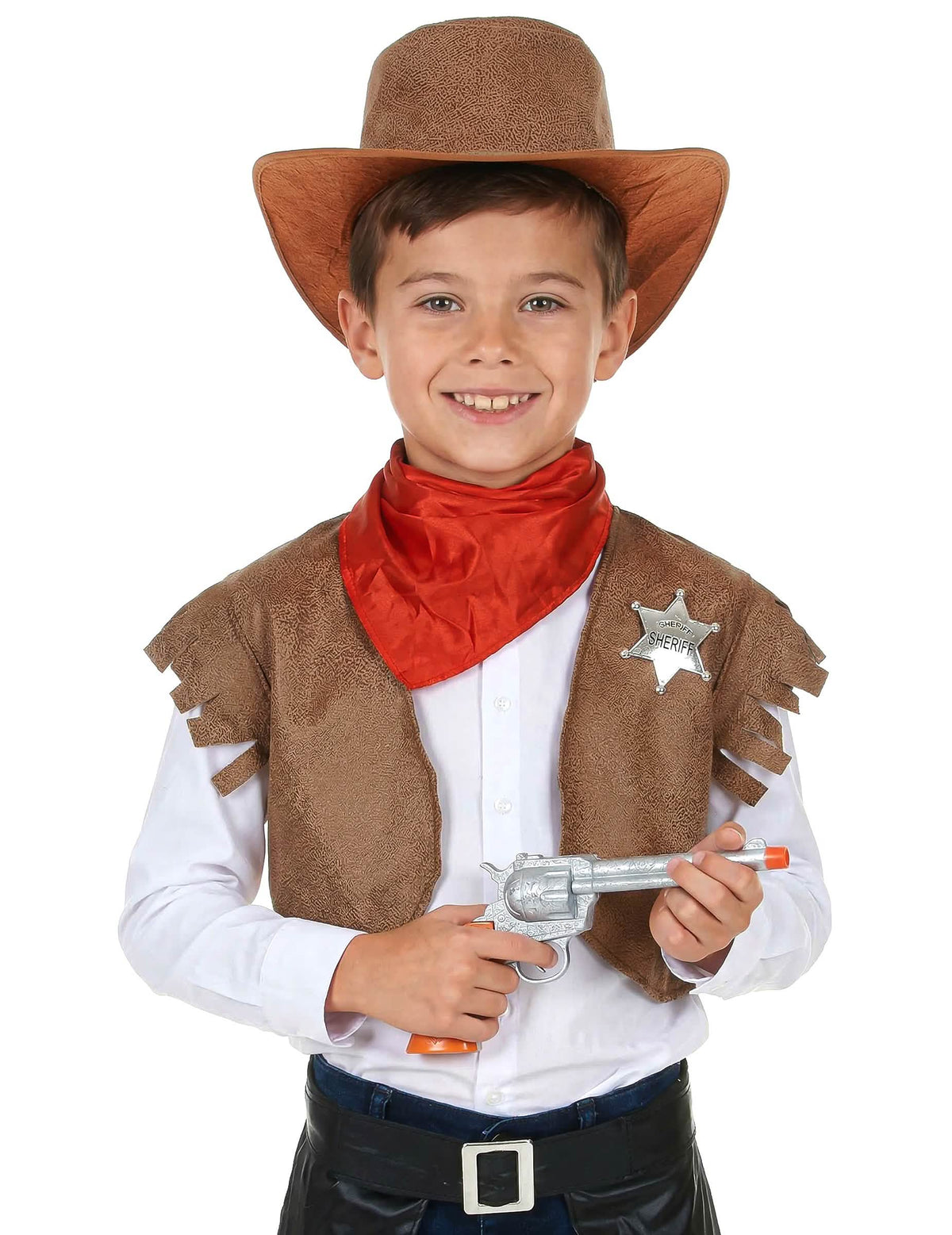 Primer plano del chaleco y la estrella de sheriff del disfraz de cowboy para niño marrón