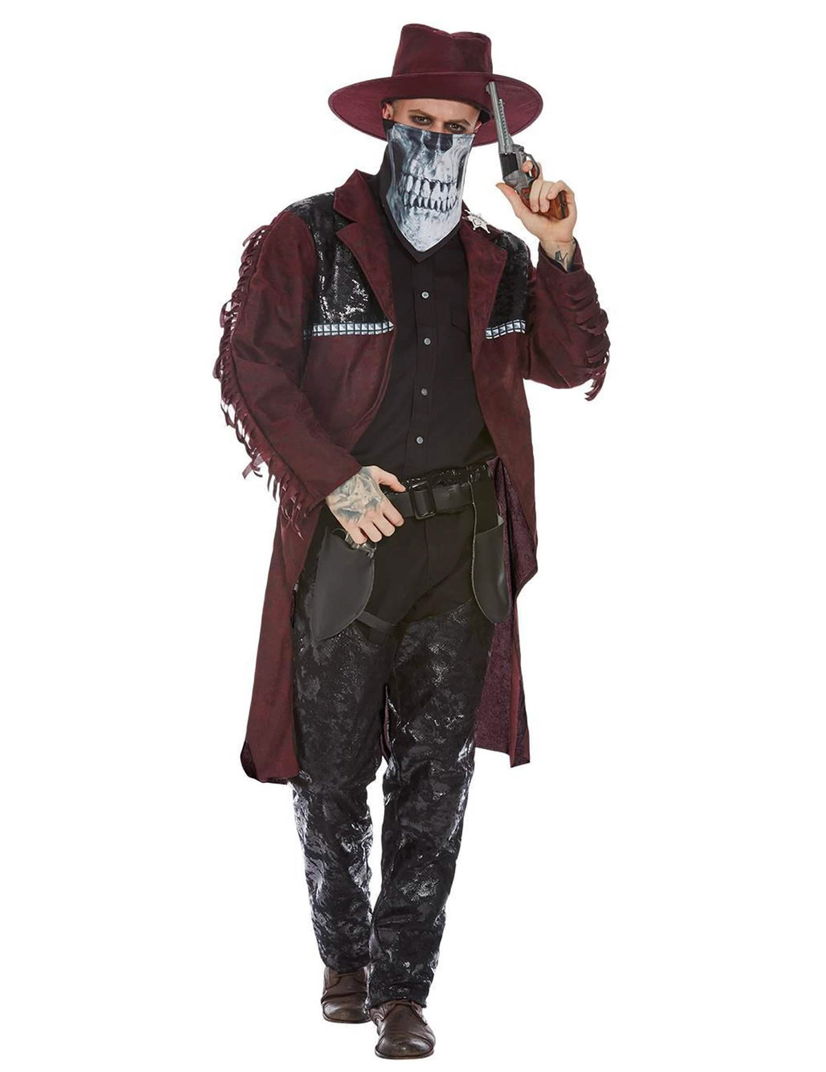 Déguisement de cowboy mystérieux pour homme bordeaux et noir avec bandana tête de mort