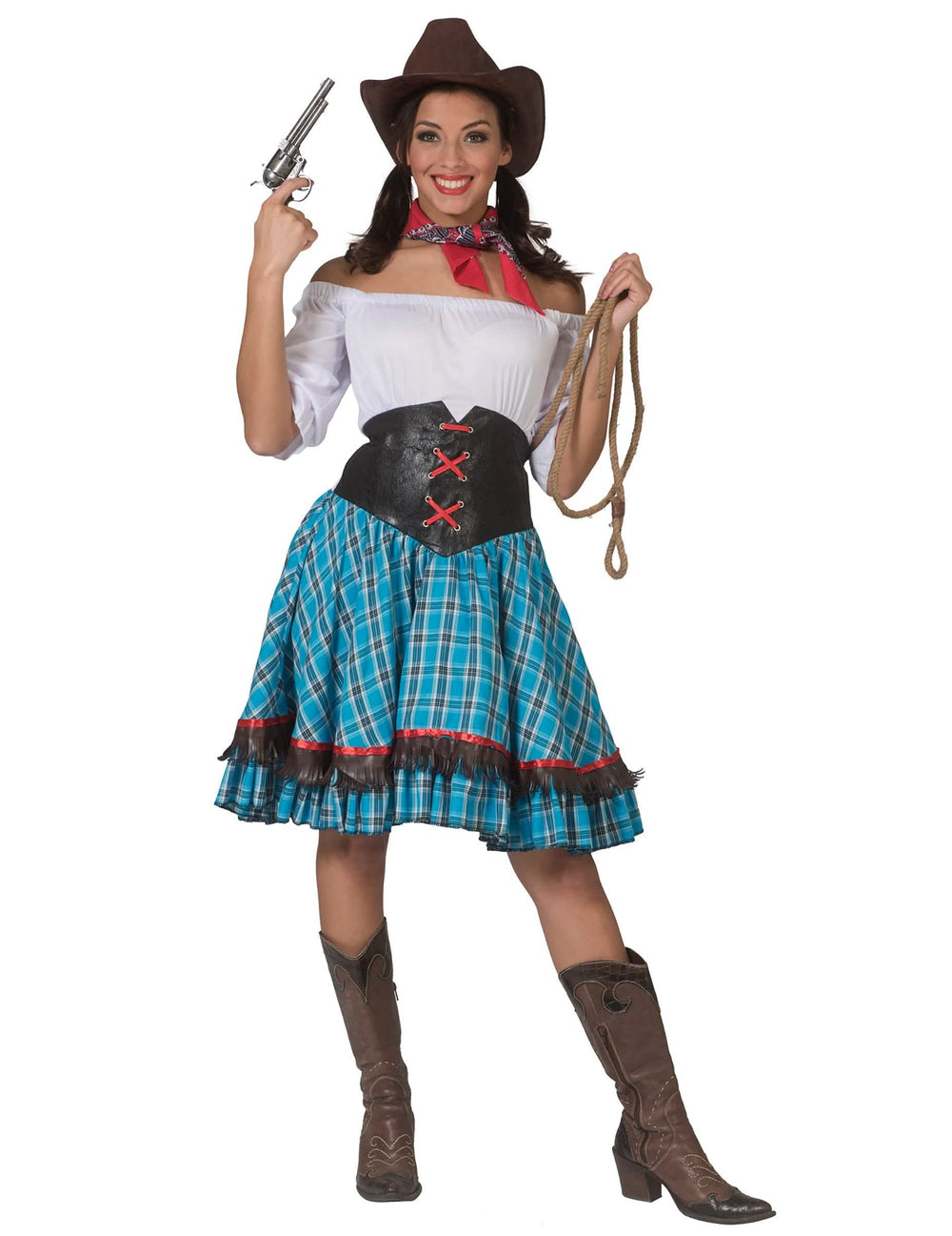 Disfraz de cowgirl para mujer a cuadros azules con corsé negro y sombrero