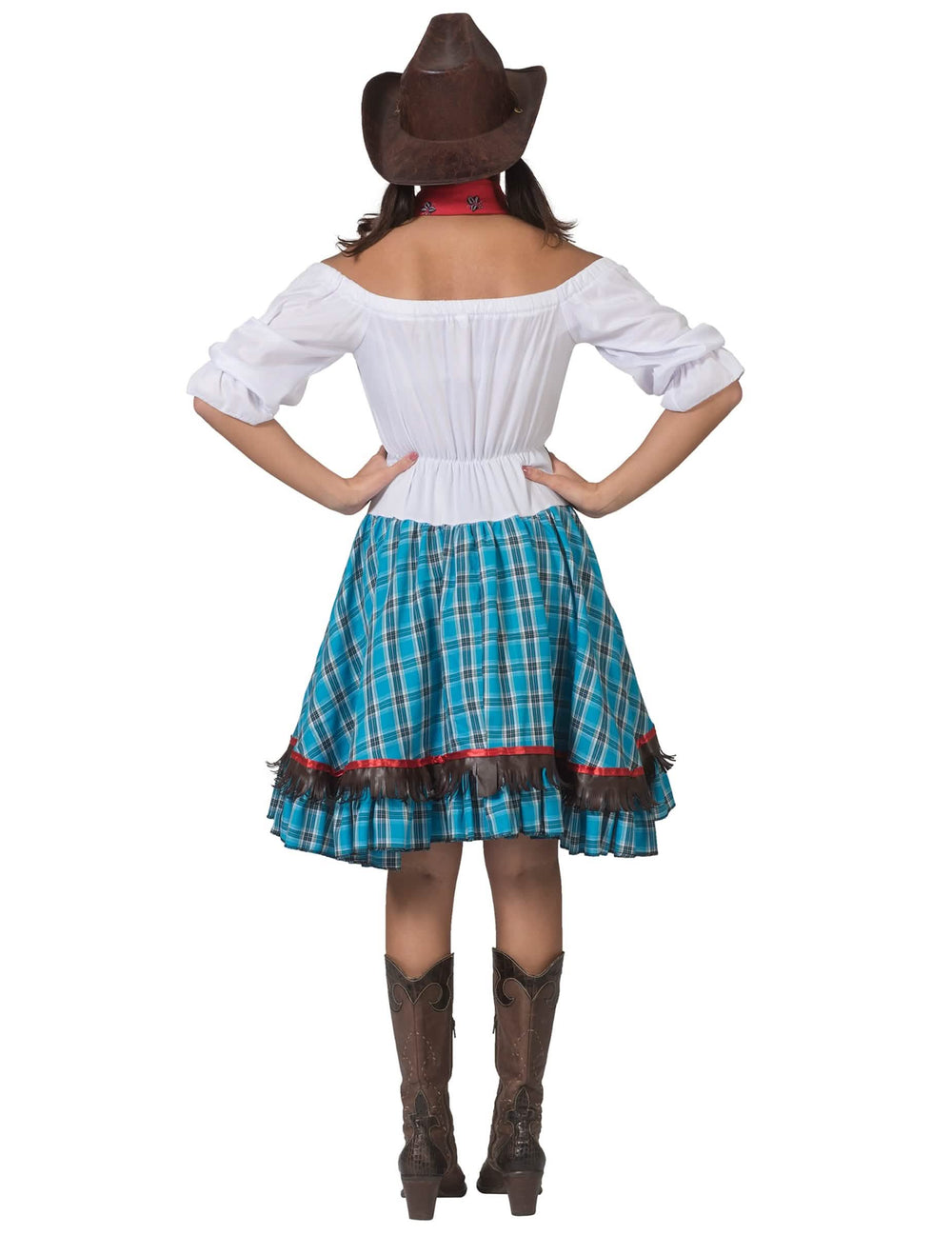Vista trasera del disfraz de cowgirl a cuadros azules