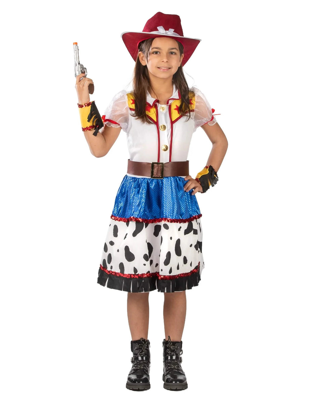 Disfraz de cowgirl de dibujos animados para niña con sombrero rojo y falda con estampado de vaca