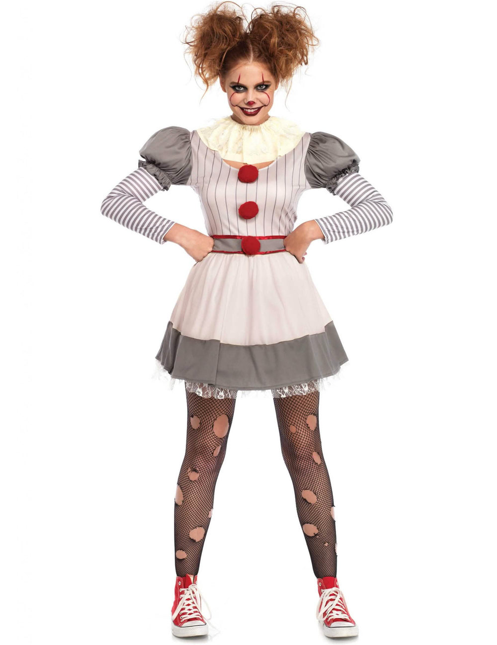 Disfraz de payaso creepy para mujer gris y blanco con pompones rojos
