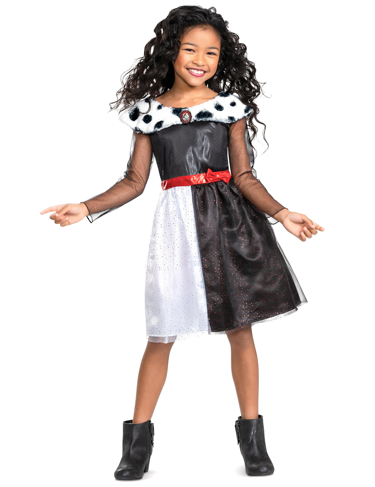 Déguisement Cruella classique pour fille noir et blanc avec col dalmatien et ceinture rouge