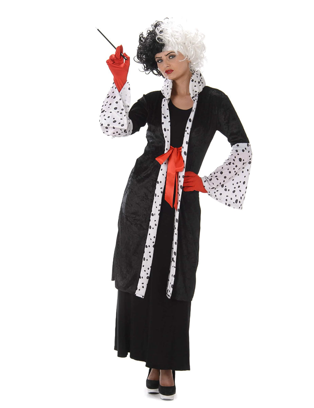 Déguisement de cruelle pour femme noir et blanc avec gants rouges et imprimé dalmatien