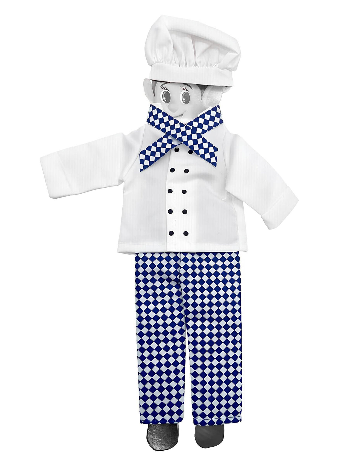 Déguisement de cuisinier pour poupée lutin farceur blanc et bleu à carreaux avec toque