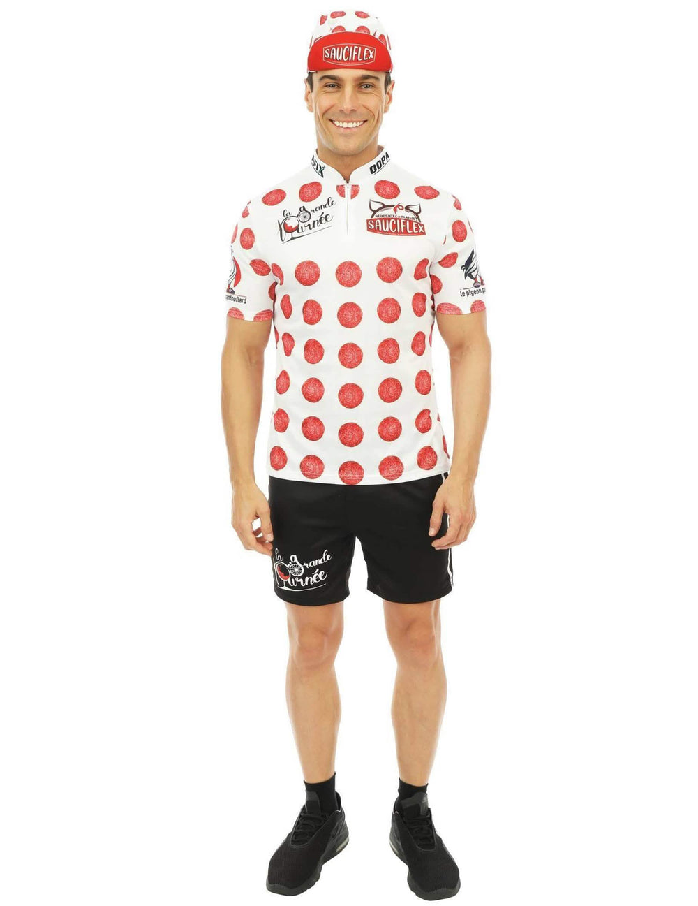 Vue de face du déguisement de cycliste Sauciflex