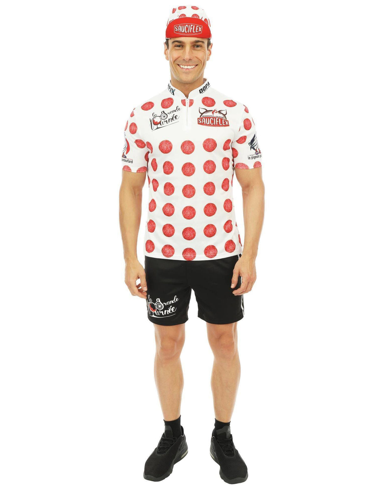 Vue de face du déguisement de cycliste Sauciflex