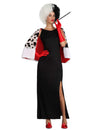 Déguisement de dame cruelle pour femme noir et blanc avec cape dalmatien et gants rouges