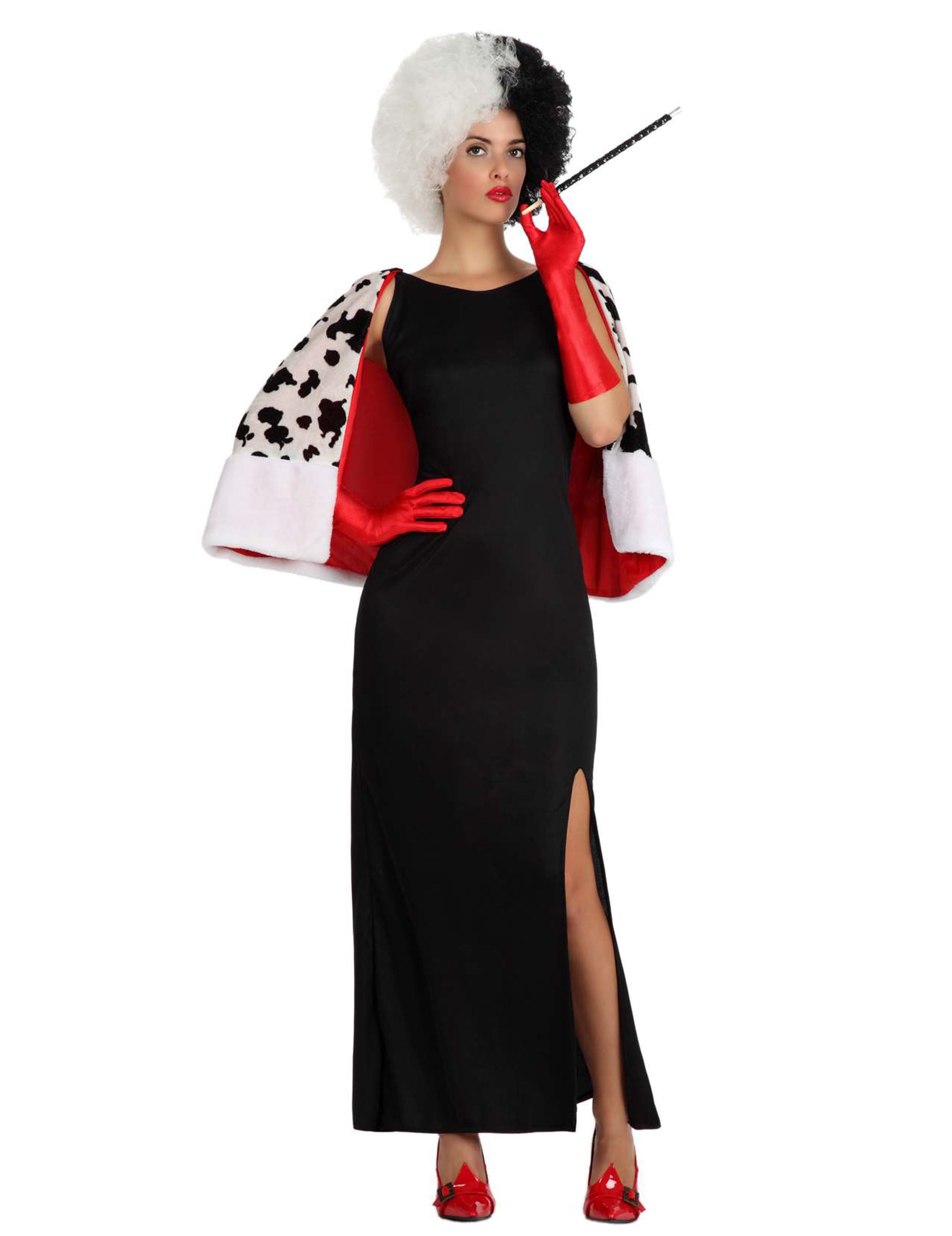 Déguisement de dame cruelle pour femme noir et blanc avec cape dalmatien et gants rouges