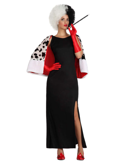 Déguisement de dame cruelle pour femme noir et blanc avec cape dalmatien et gants rouges