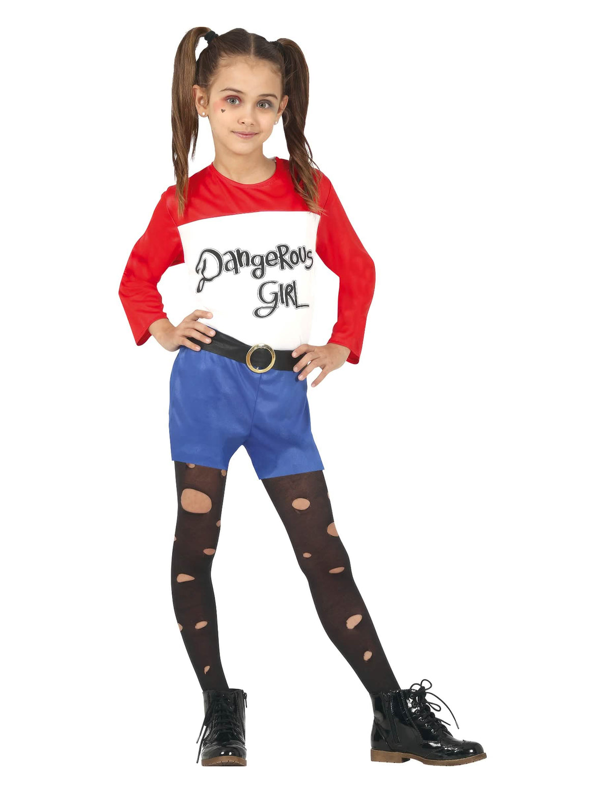 Disfraz dangerous girl para niña rojo blanco y azul con medias negras agujereadas