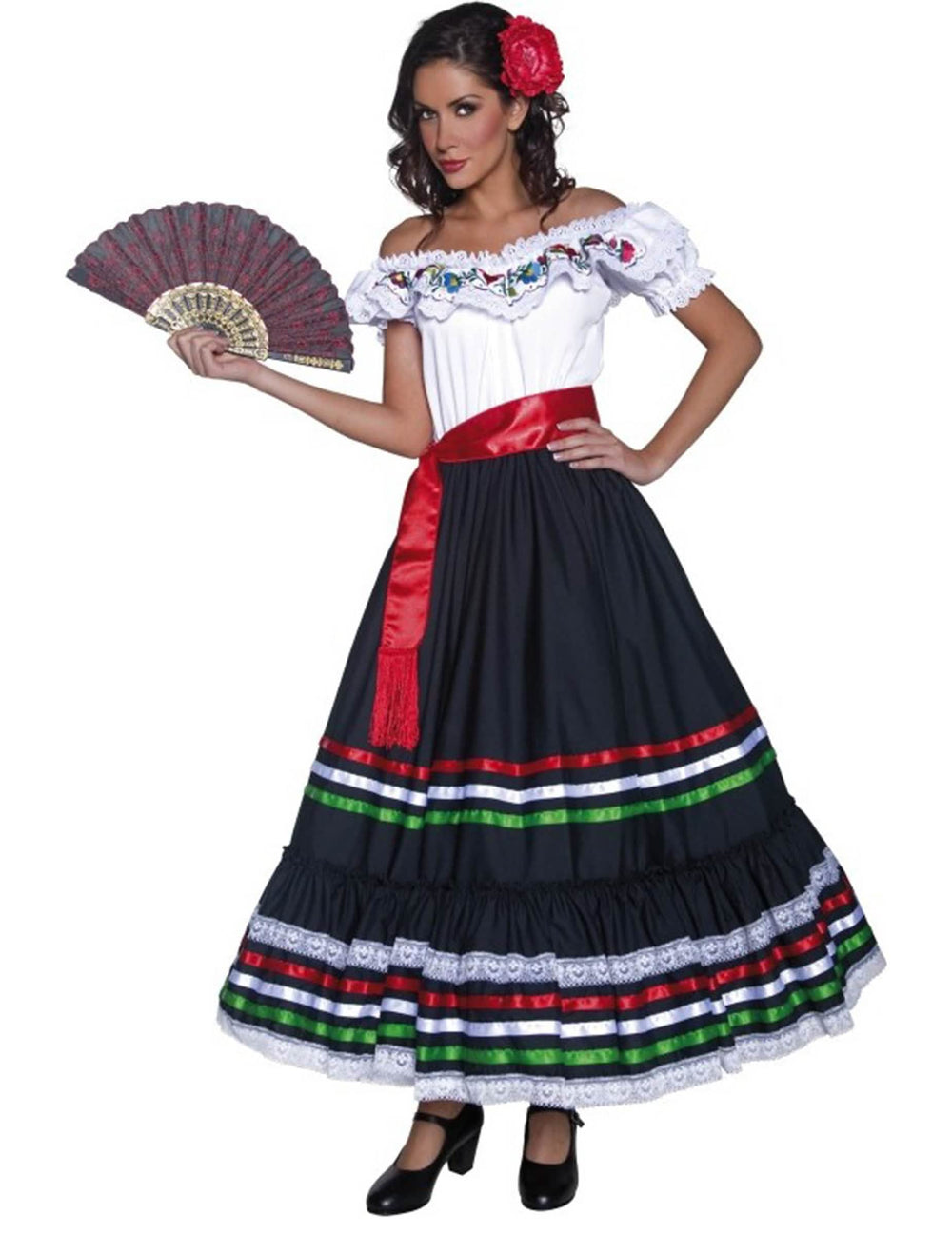 Disfraz de bailarina mexicana para mujer blanco y negro con cintas coloridas