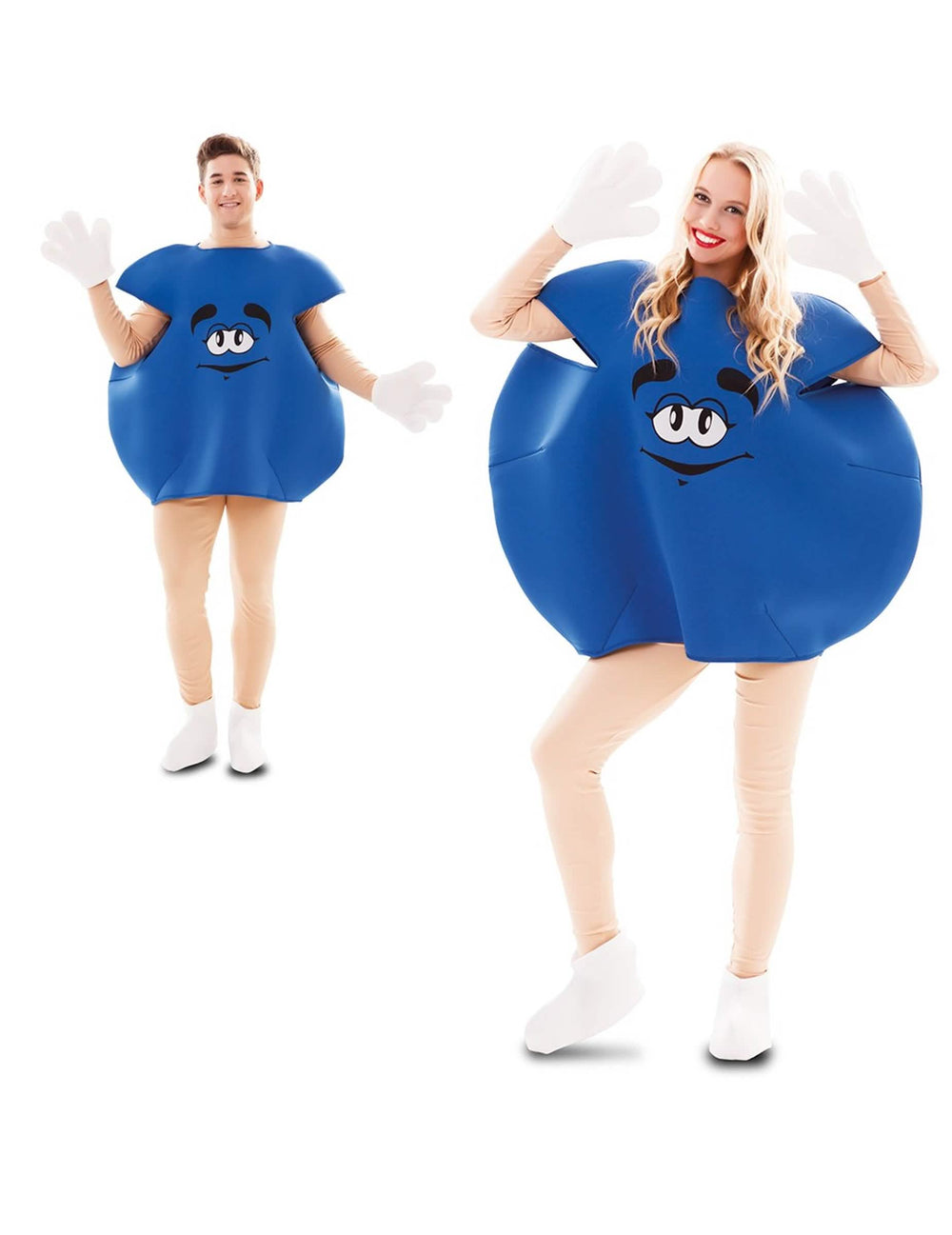 Vista general de hombre y mujer del disfraz de caramelo para adulto azul
