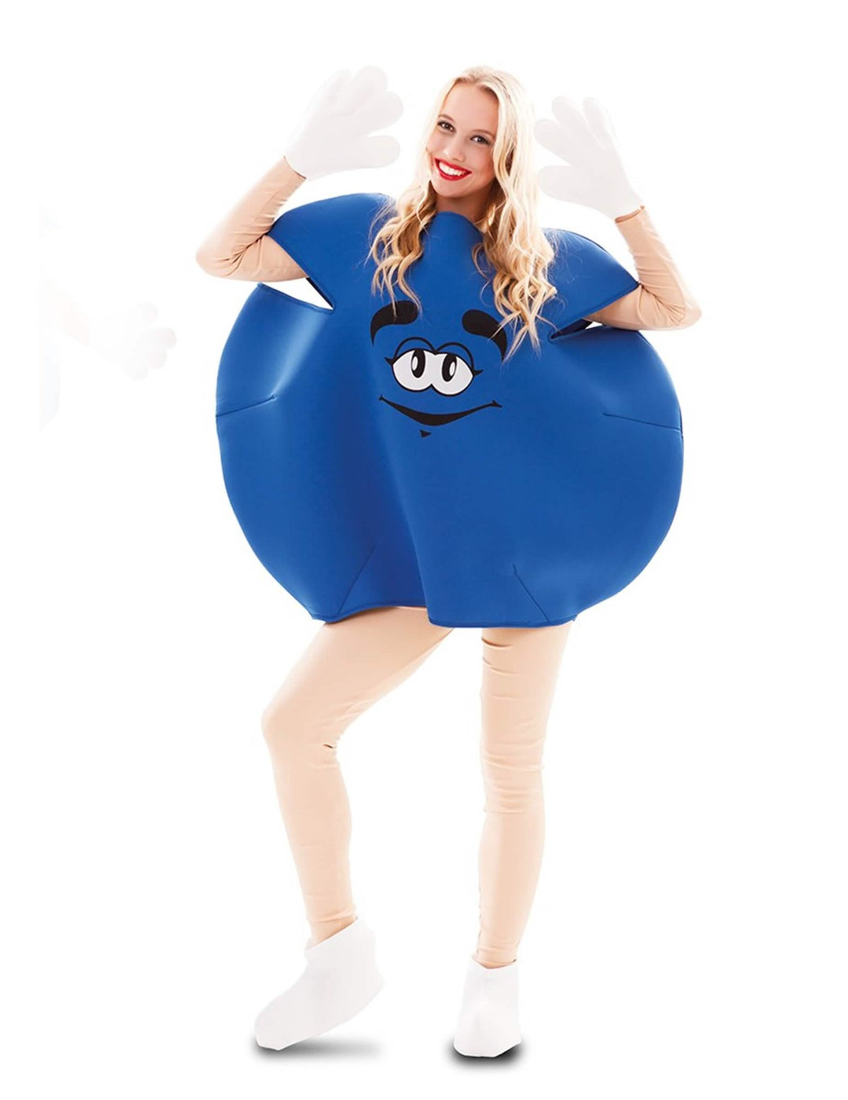 Vista frontal del disfraz de caramelo para adulto azul
