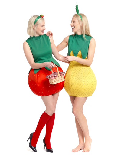 Disfraz de pareja de frutas fresa y piña para mujer
