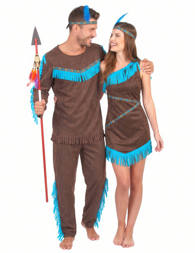 Disfraz de indio y pareja de indios marrón para adulto