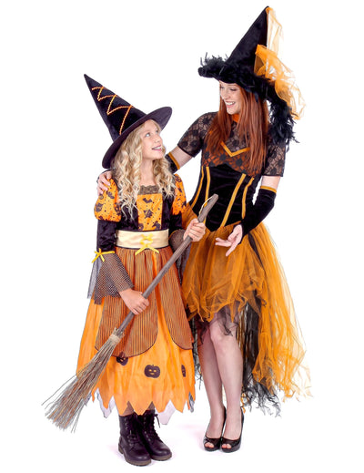 Disfraz dúo de bruja naranja madre e hija Halloween